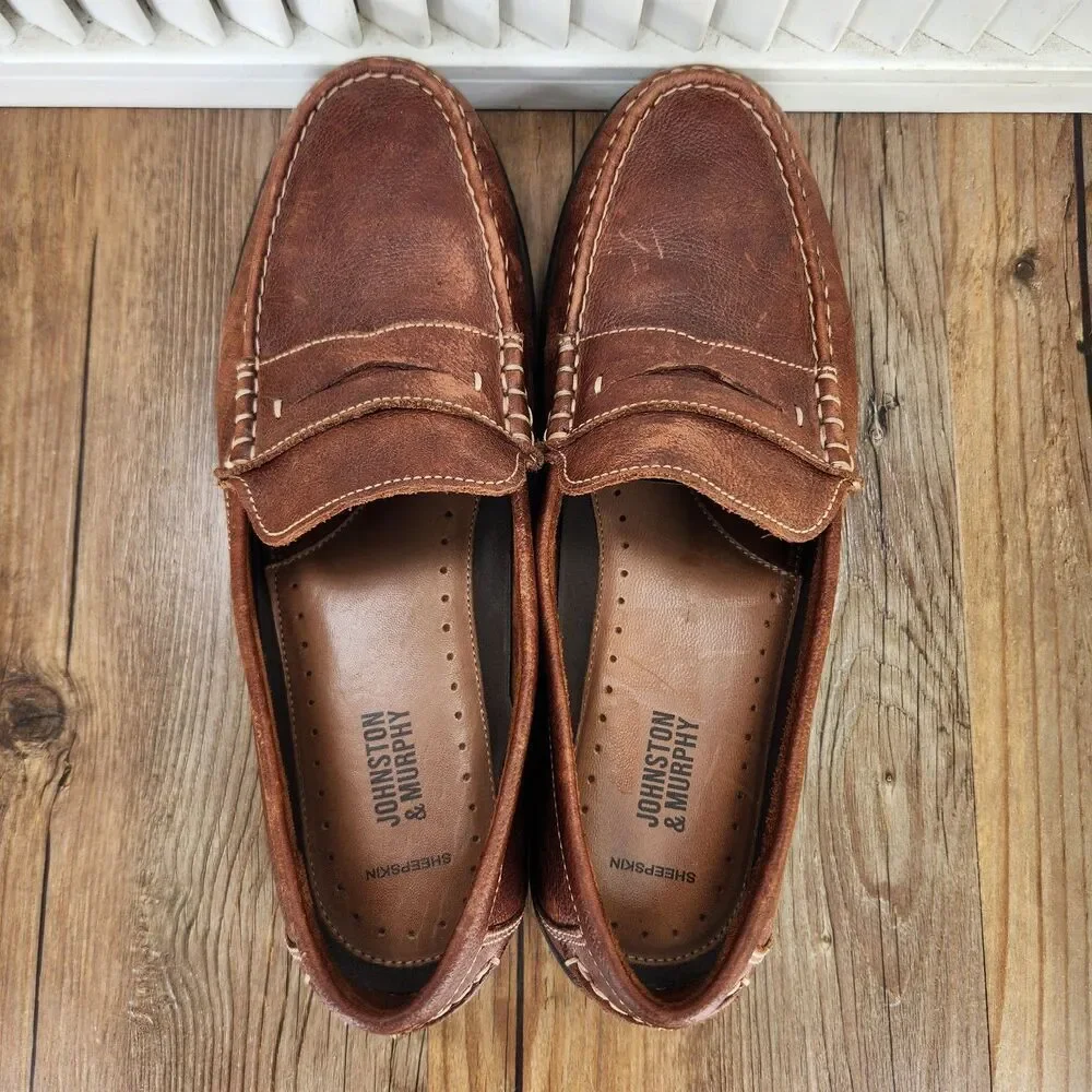 Johnston & Murphy Fowler Penny Loafer Mens Sz 9.5M Brown Leather Sheepskin Shoes